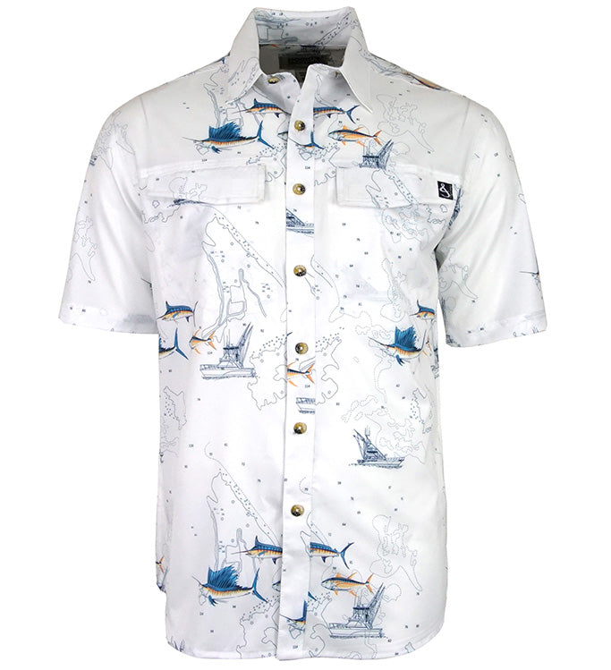 MARINE CHARTS STRETCH SHORT SLEEVE FISHING SHIRT WHITE