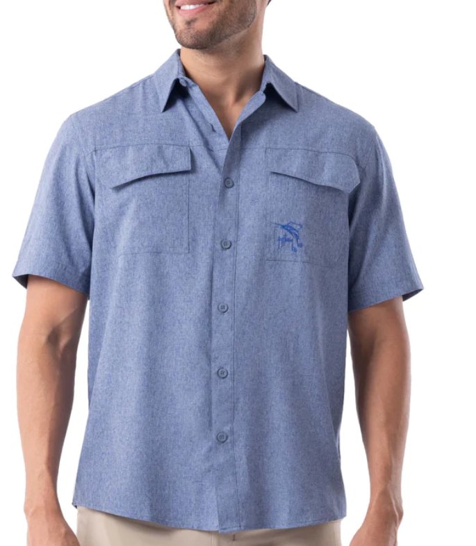 MEN&#39;S SHORT SLEEVE HEATHER TEXTURE CATIONIC ESTATE BLUE FISHING SHIRT