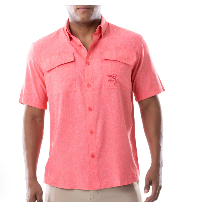 MEN&#39;S SHORT SLEEVE HEATHER TEXTURE CATIONIC TOMATO